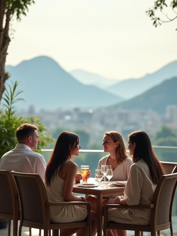 Gäste geniessen die Aussicht auf der Terrasse